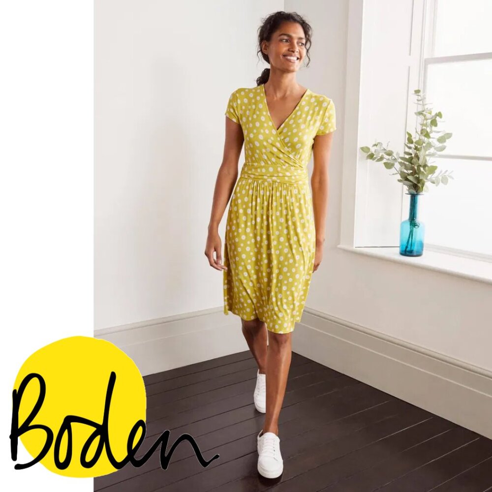 NWT Boden Lola Chartreuse Daisy Floral Print Jersey Dress Preppy Cottagecore